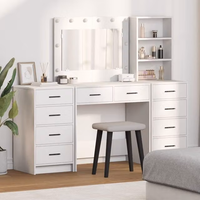 Berkfield Home 3-Piece Hollywood LED Dressing Table Set in White Matt Engineered Wood – 1