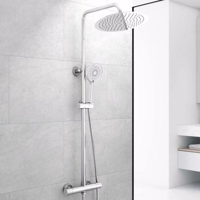 Hinsinc Chrome Round Rain Thermostatic Twin Head Shower Set in Metallic Silver