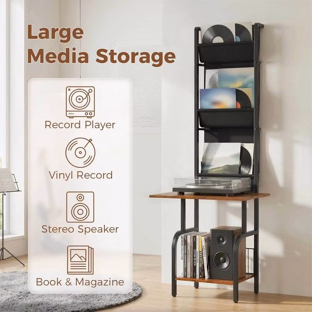 EONLION Industrial Vinyl Record Player Stand with Media Compartments in Black and Brown, W: 50 cm – 5