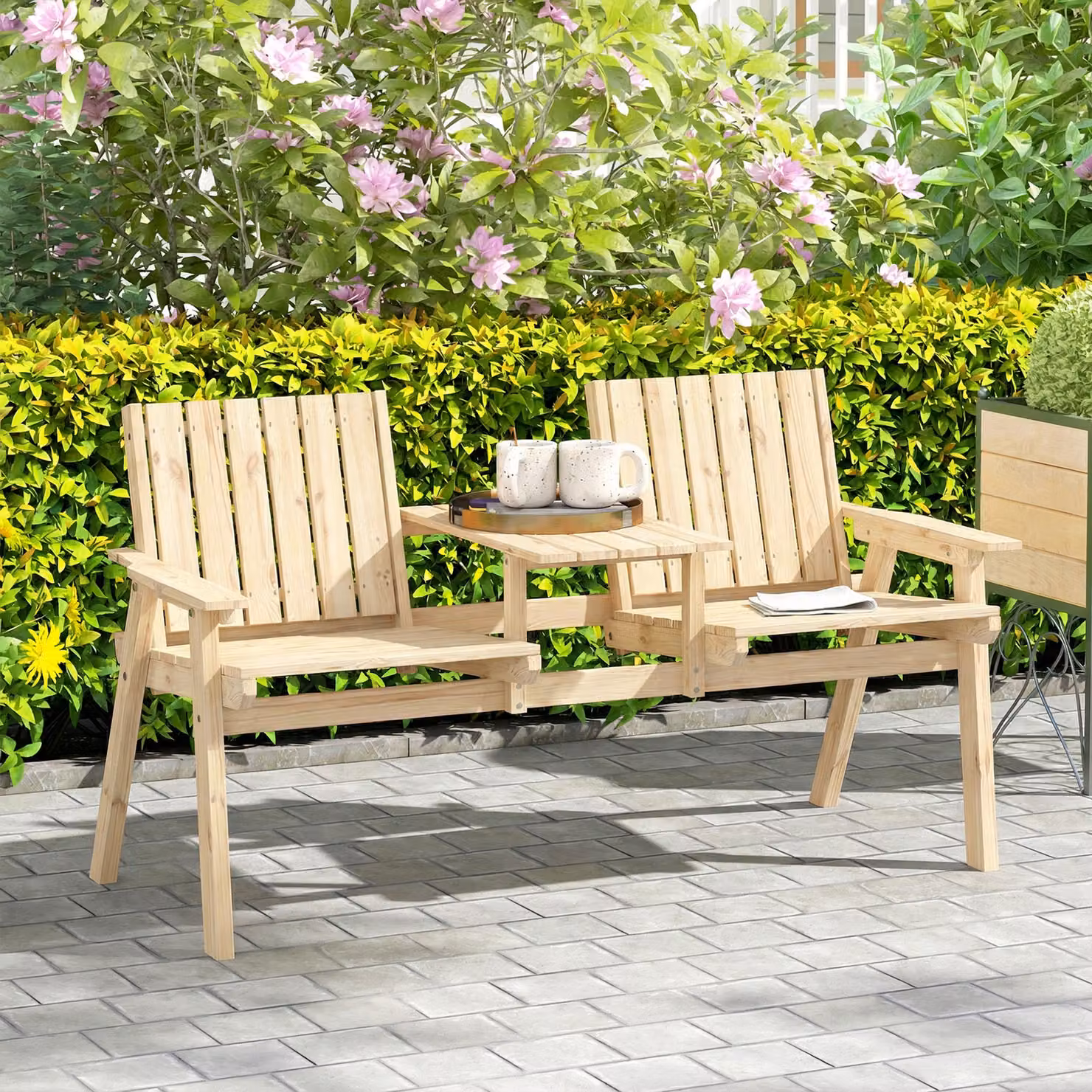Outsunny 2-Seater Garden Loveseat with Table and Parasol Hole in Brown Treated Hardwood – 5