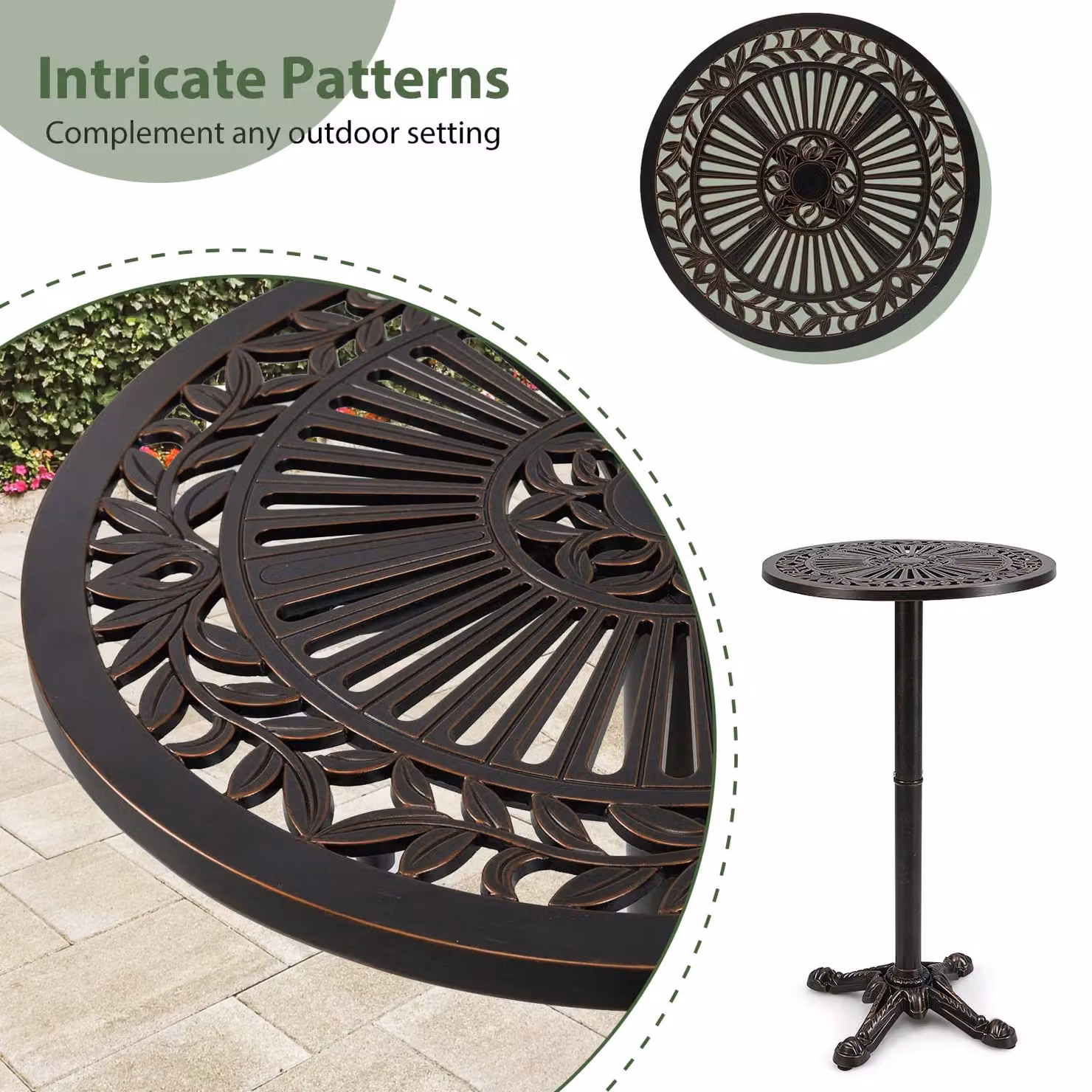 Gymax Round Patio Bar Table in Light Bronze, Cast Aluminium High Top Table, Diameter: 61 cm, Height: 105 cm – 7
