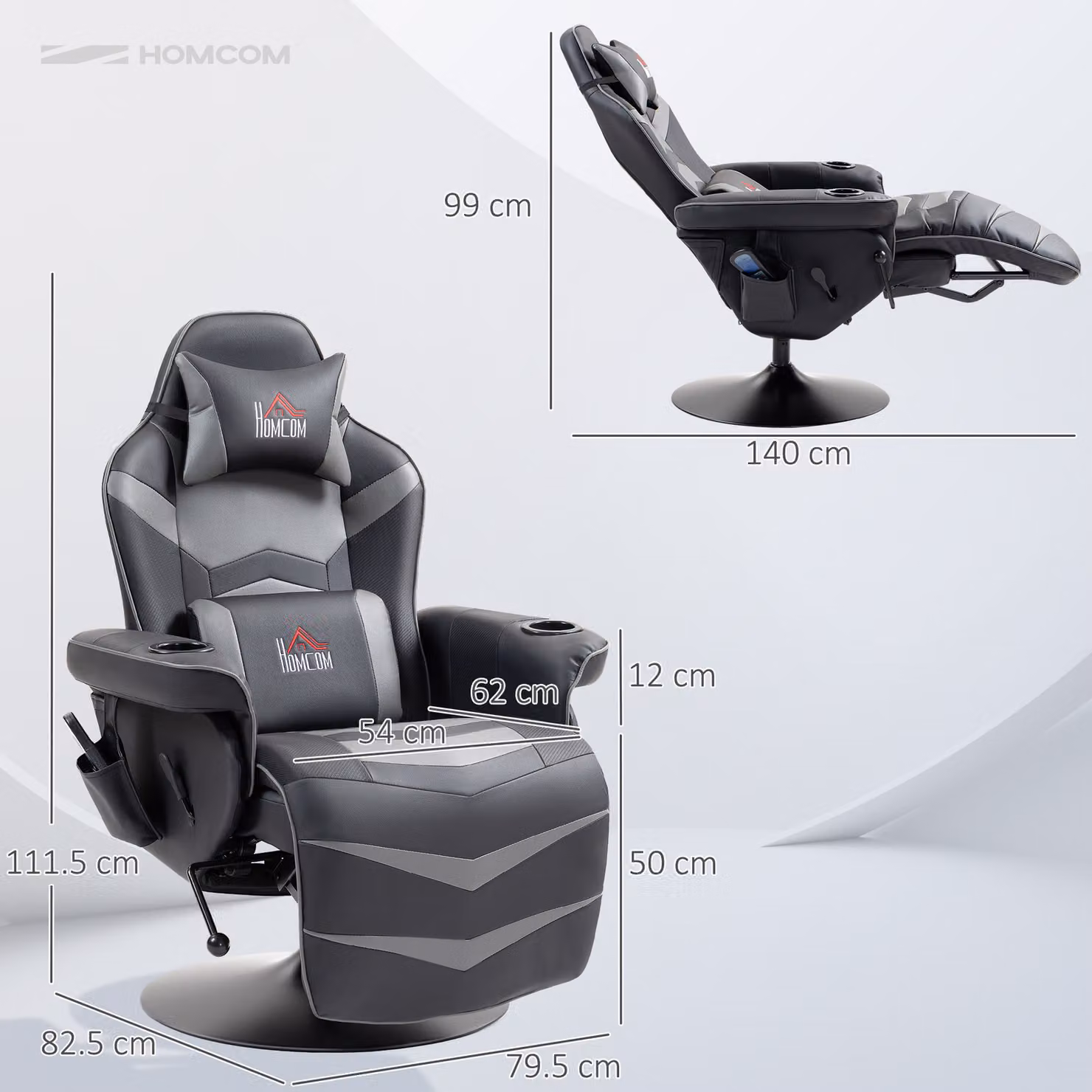 HOMCOM Grey PU Leather Massage Recliner Chair with Remote, 360 Degree Swivel Racing Style Armchair with Cup Holders and Lumbar Support – 3