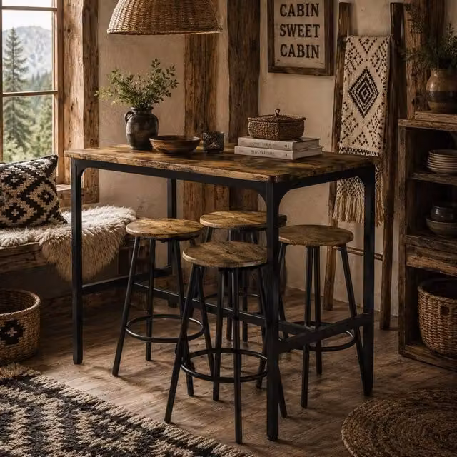 Wyld Haus Soka 5 Piece Industrial Bar Table and Stool Set in Rustic Brown and Black