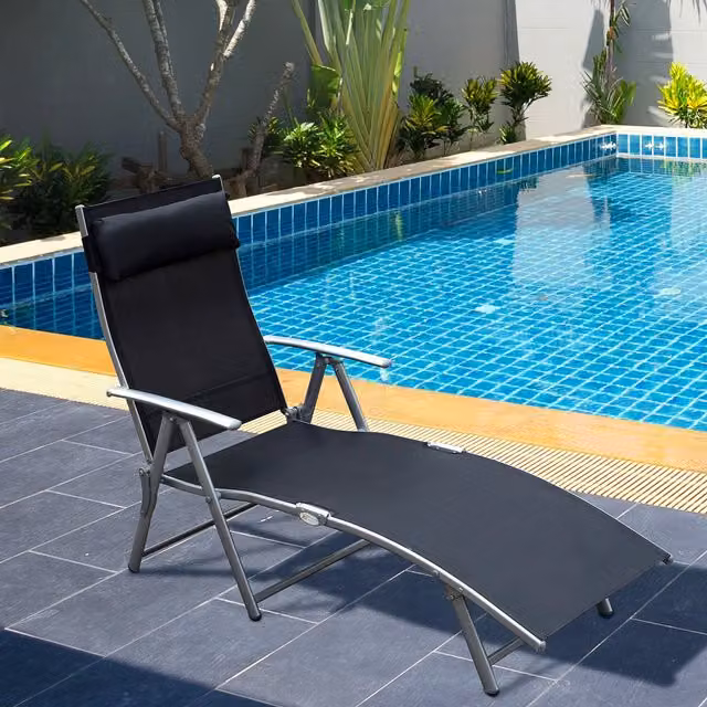 Outsunny Black Sun Lounger Recliner with Adjustable Headrest and Microfibre Pillow