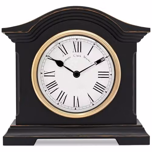 Acctim Falkenburg Vintage Quartz Mantel Clock in Black with Roman Numerals and Antique Brass Bezel
