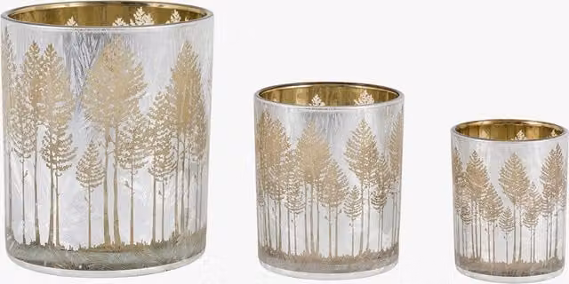 Perch & Parrow Set of 3 Silver Winter Frost Etched Tree Votive Candle Holders