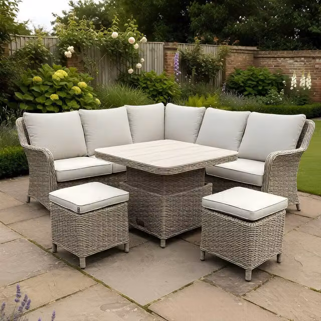 Bracken Outdoors Ashford Corner Sofa Set with Square Height Adjustable Table in Beige and Brown Rattan