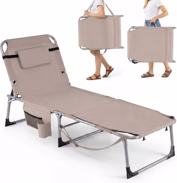 Costway Brown Lay Flat Folding Patio Chaise Lounge with Adjustable Headrest and Powder Coated Aluminium Frame