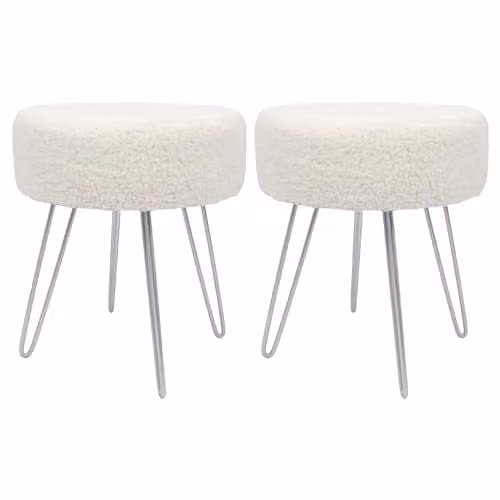 Harbour Housewares Pack of 2 Boucle Cylindrical Footstools in Beige and White with Silver Metal Legs, H41 x D45 x W45 cm – 1