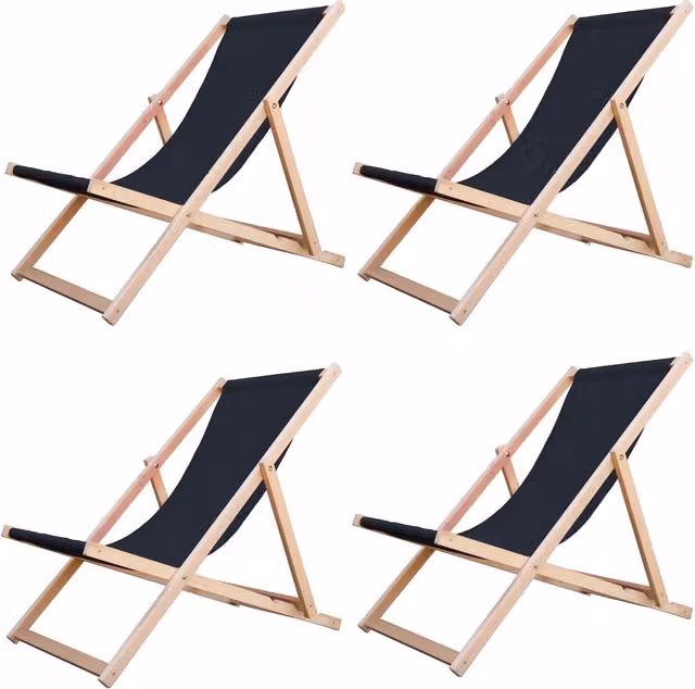 NOVECRAFTO Set of 4 Traditional Folding Beech Wood Deck Chairs with Black UV-Resistant Polyester Fabric and Armrests