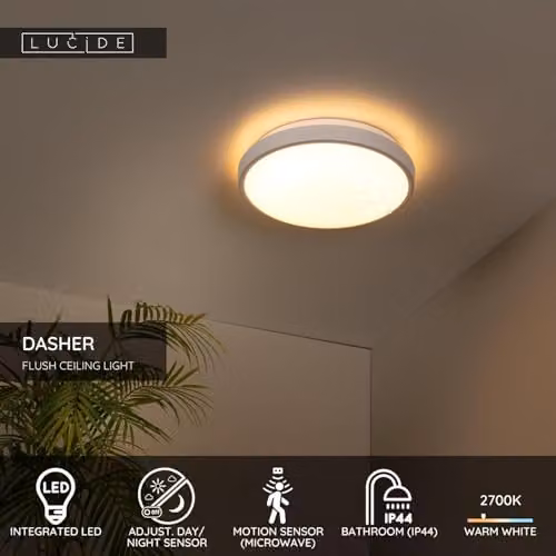 Lucide Dasher LED Flush Ceiling Light for Bathrooms, White, Diameter: 29.3 cm, 12W, 2700K, IP44 with Motion Sensor – 2