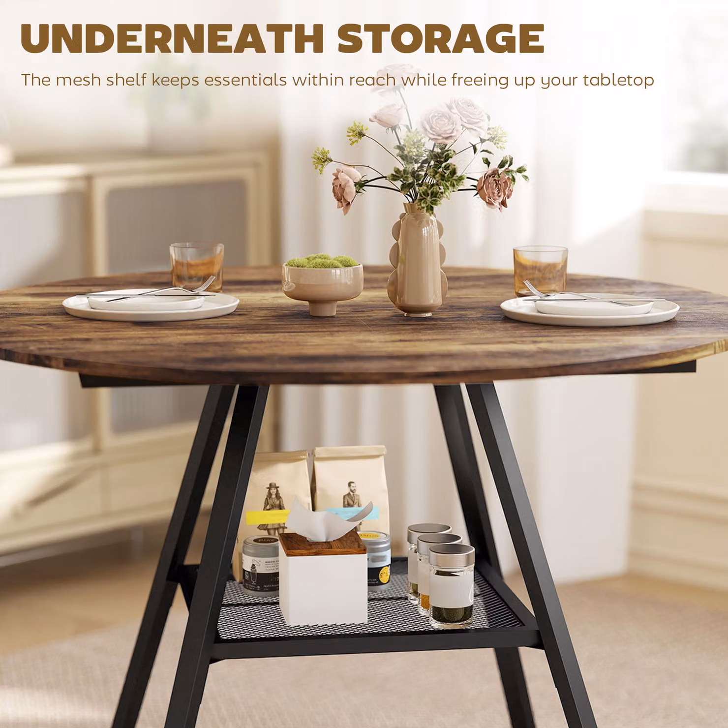 HOMCOM Round Industrial Dining Table for 4 People with Storage Shelf, Rustic Brown and Black – 4