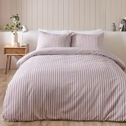 Catherine Lansfield Reversible Brushed Cotton Flannelette Striped Duvet Cover and Pillowcase Set in Pink, W/D/H: 200 x 200 cm, Pillowcases: 50 x 75 cm