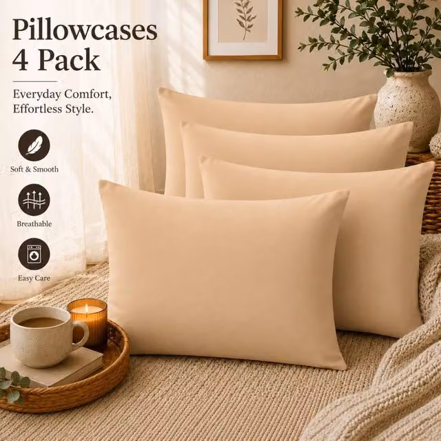 Pamposh Set of 4 Beige 300 Thread Count Cotton Mako Satin Pillow Cases