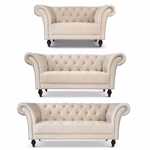 Bravich LTD 3 Piece Chesterfield Velvet Sofa Set in Cream and Beige