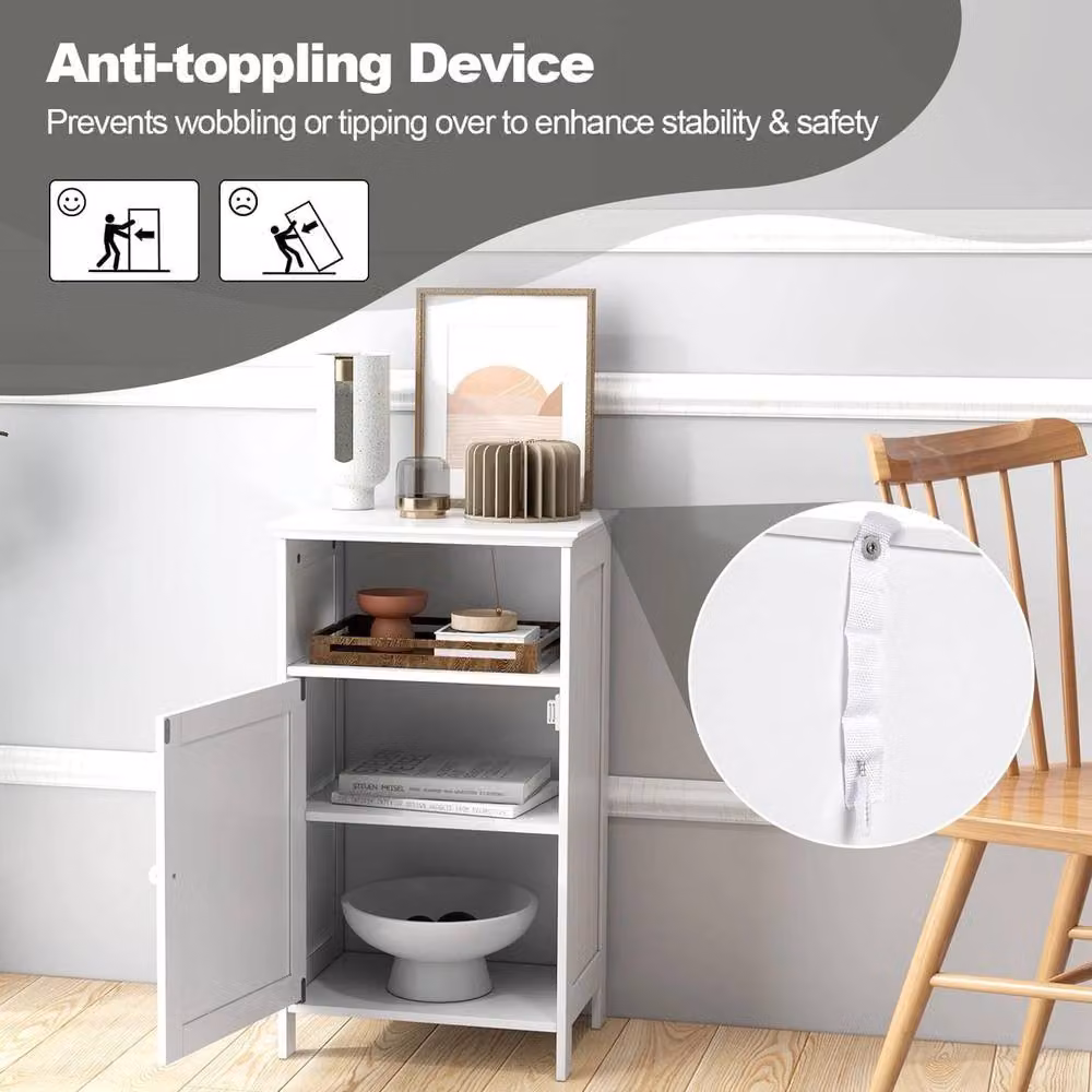FORGEVIO Modern White Single Door Bathroom Floor Cabinet with Internal Shelves and Open Storage – 5