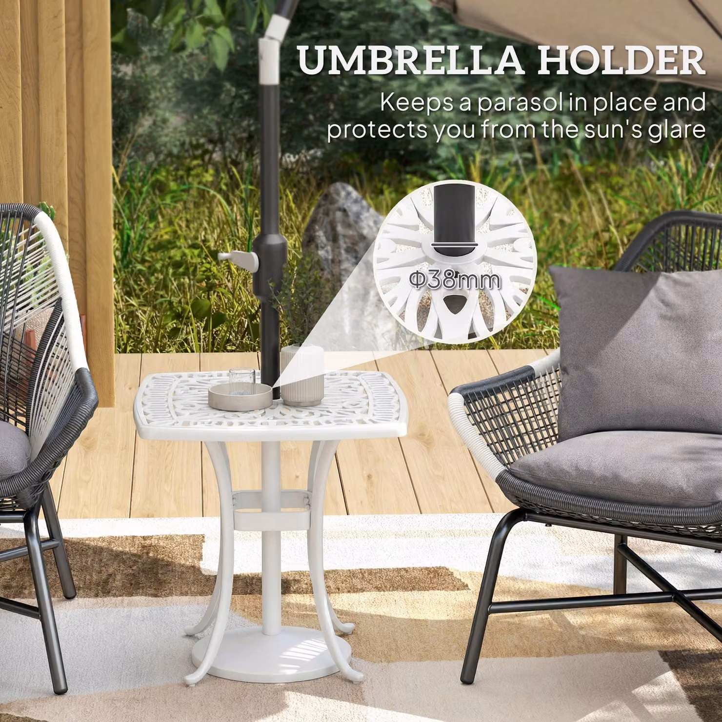 Outsunny Cast Aluminium Outdoor Garden End Table in White with 38mm Umbrella Hole – 3