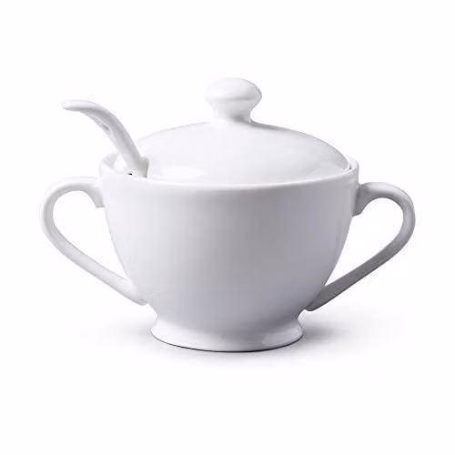 WM Bartleet & Sons 1750 Traditional Porcelain Sugar Bowl with Lid and Spoon, White, Diameter: 13 cm – 1