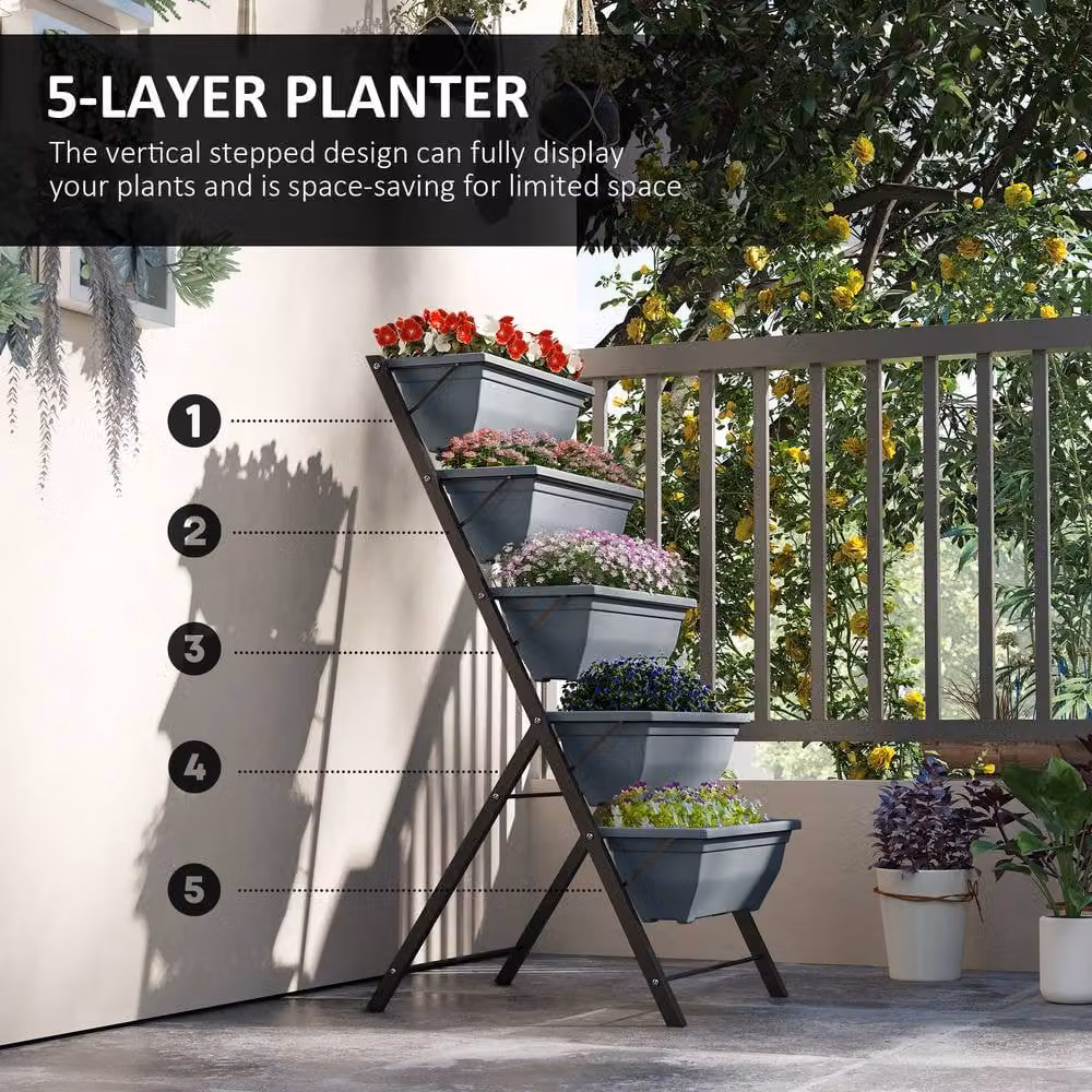STILVORA 5-Tier Plant Stand with 5 Planter Boxes in Grey, W/D/H: 120 x 55 x 63 cm – 5