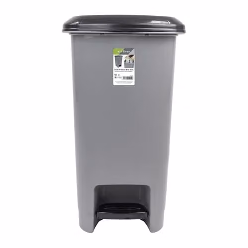 JVL Slim Plastic Lidded Foot Pedal Waste Bin, 60L, Grey, H: 63.0 cm, W: 37.0 cm, D: 25.0 cm – 1