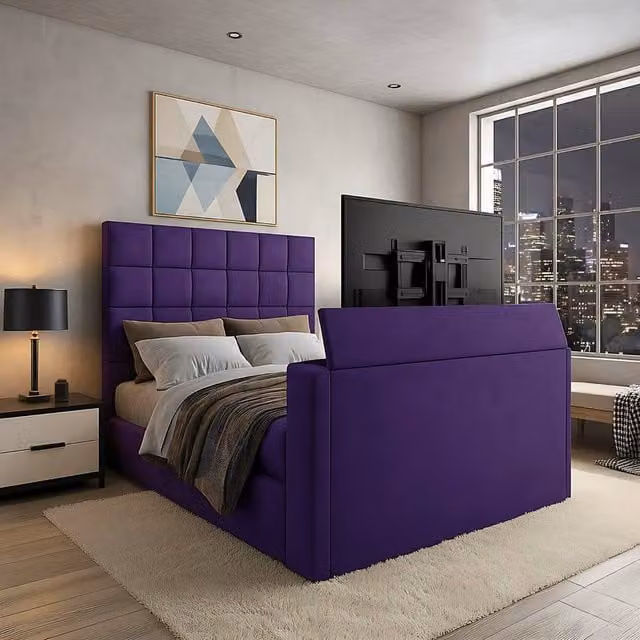 Paradise Beds Ltd Royal Upholstered Velvet TV Bed with Ottoman Lift Storage in Purple, W/D/H: 140 x 200 cm