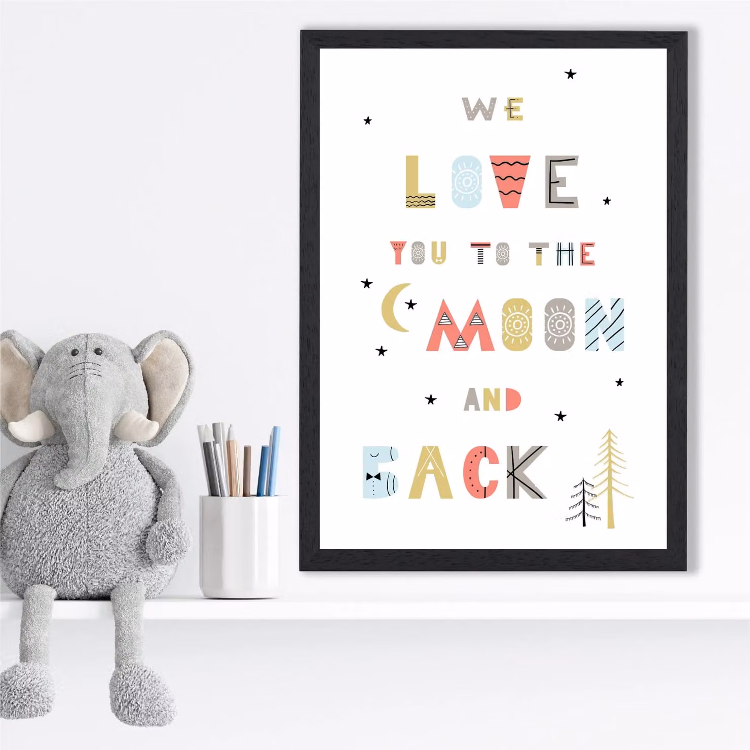 ARTZE Love You to the Moon Scandi Quote Framed Print, Pale Blue and Yellow Typography Poster with Black Frame, Size: A2 – 2