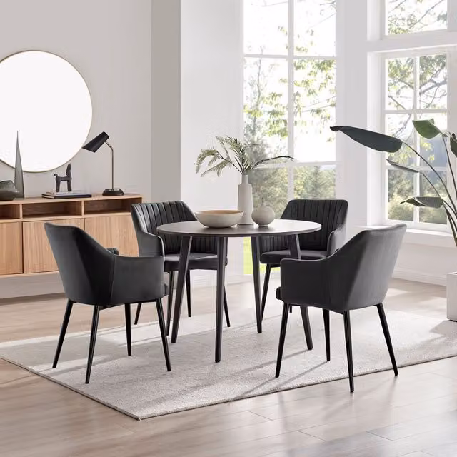 FurnitureboxUK Koko Walnut Effect Round Dining Table and 4 Calla Black Leg Chairs in Black and Brown
