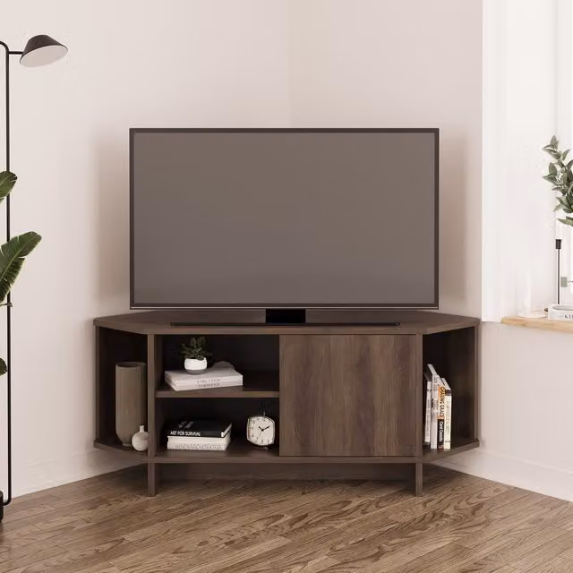 Bimossa Teo Modern Corner TV Stand in Dark Walnut Brown