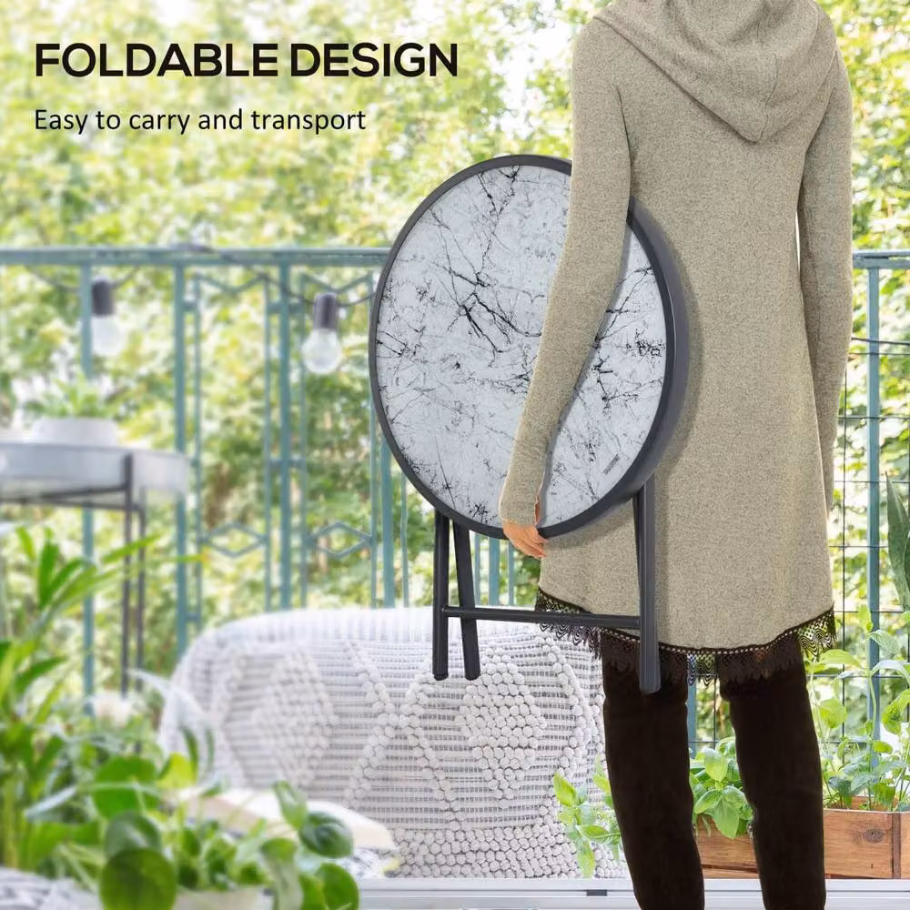 Wyld Haus Round Folding Outdoor Side Table with Dark Grey Marble Effect Glass Top – 4