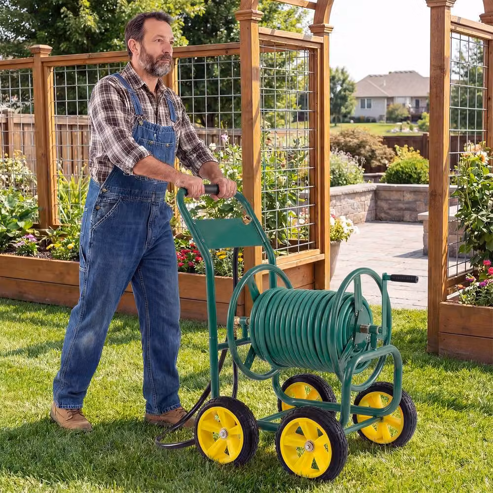 Costway Green Metal 4-Wheel Garden Hose Reel Cart and Water Hose Organiser – 9