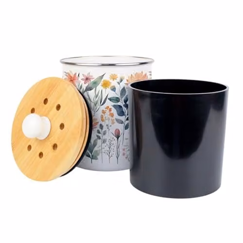 Purely Home Pastel Flowers Food Waste Caddy, Green and Multicolour Metal Kitchen Compost Bin with Removable Inner Bucket and Odour Filter, 2 L – 2