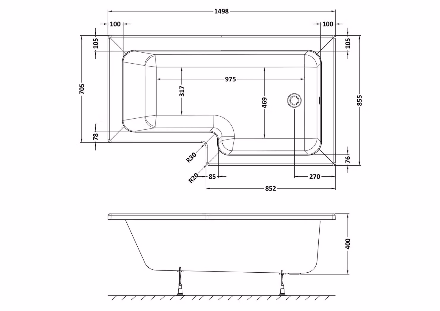 Balterley Modern Asymmetric Right Hand L Shape Shower Bath with Leg Set, White, W/D/H: 149.8 x 85.5 x 40 cm – 2