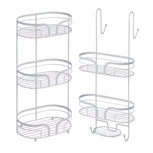 Showerdrape Dante White Freestanding Floor Caddy and 2 Tier Over Door Hook Shower Caddy – 1