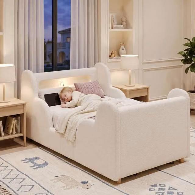 ModernLuxe Kids Bouclé Upholstered Single Bed with LED Headboard and Safety Rails in Beige, W/D/H: 90 x 190 x 100.5 cm