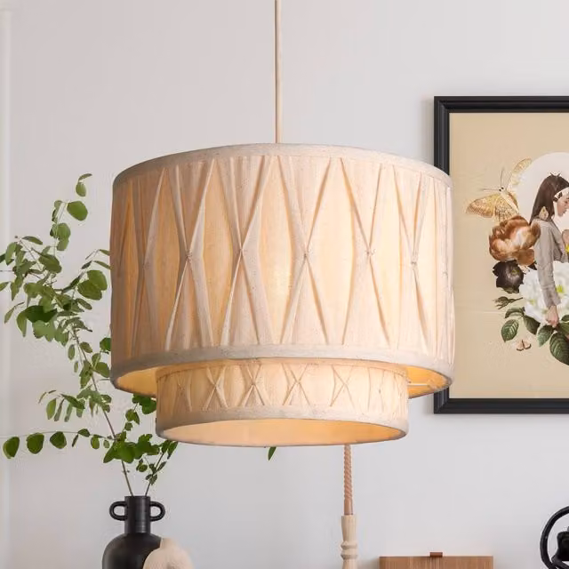 Lighting Collection Natural 2 Tier Linen Pinch Pleat Cylinder Lamp Shade in Beige, Diameter: 30 cm – 1
