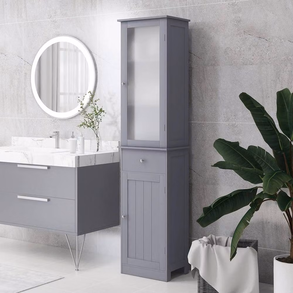 Havendro Grey Storage Cabinet Organizer Tower with Glass Doors, Internal Shelves and Drawers – 3