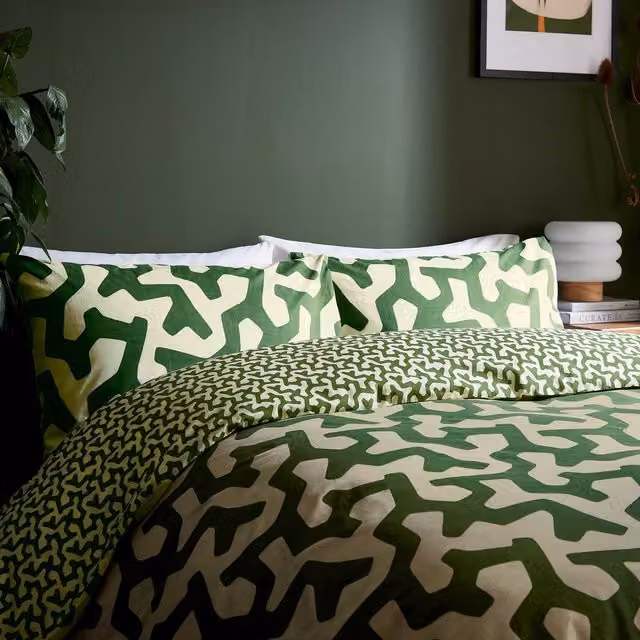 Helena Springfield Hikani Reversible Cotton Duvet Cover and Pillowcase Set, Green, W/D/H: 200 x 200 cm