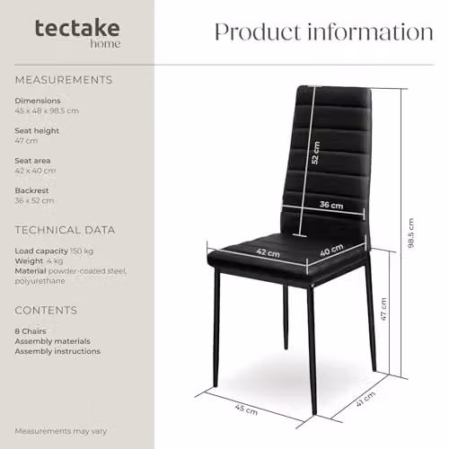 tectake Set of 8 Modern Dining Chairs in Black Synthetic Leather with Metal Legs – 3