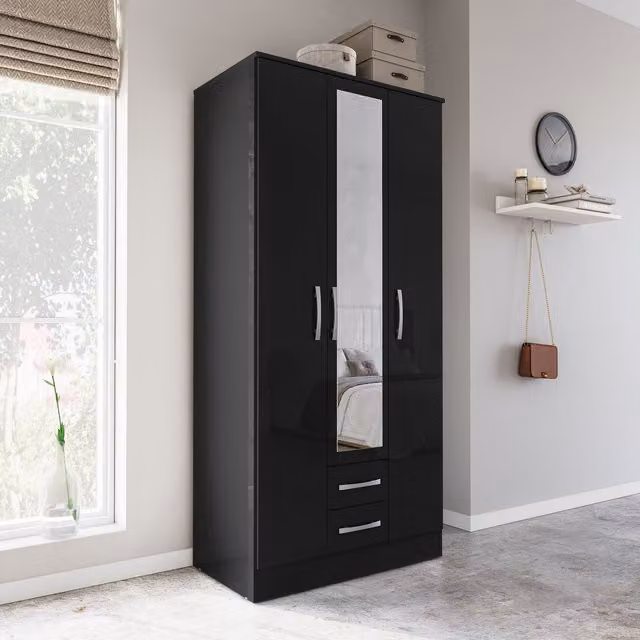 Birlea Modern Glossy Black and Silver Sliding Door Wardrobe with Mirror and Internal Shelves