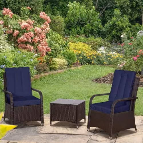 Outsunny 3 Piece Rattan Garden Bistro Set in Blue with Steel Frame and Furniture Cover – 2