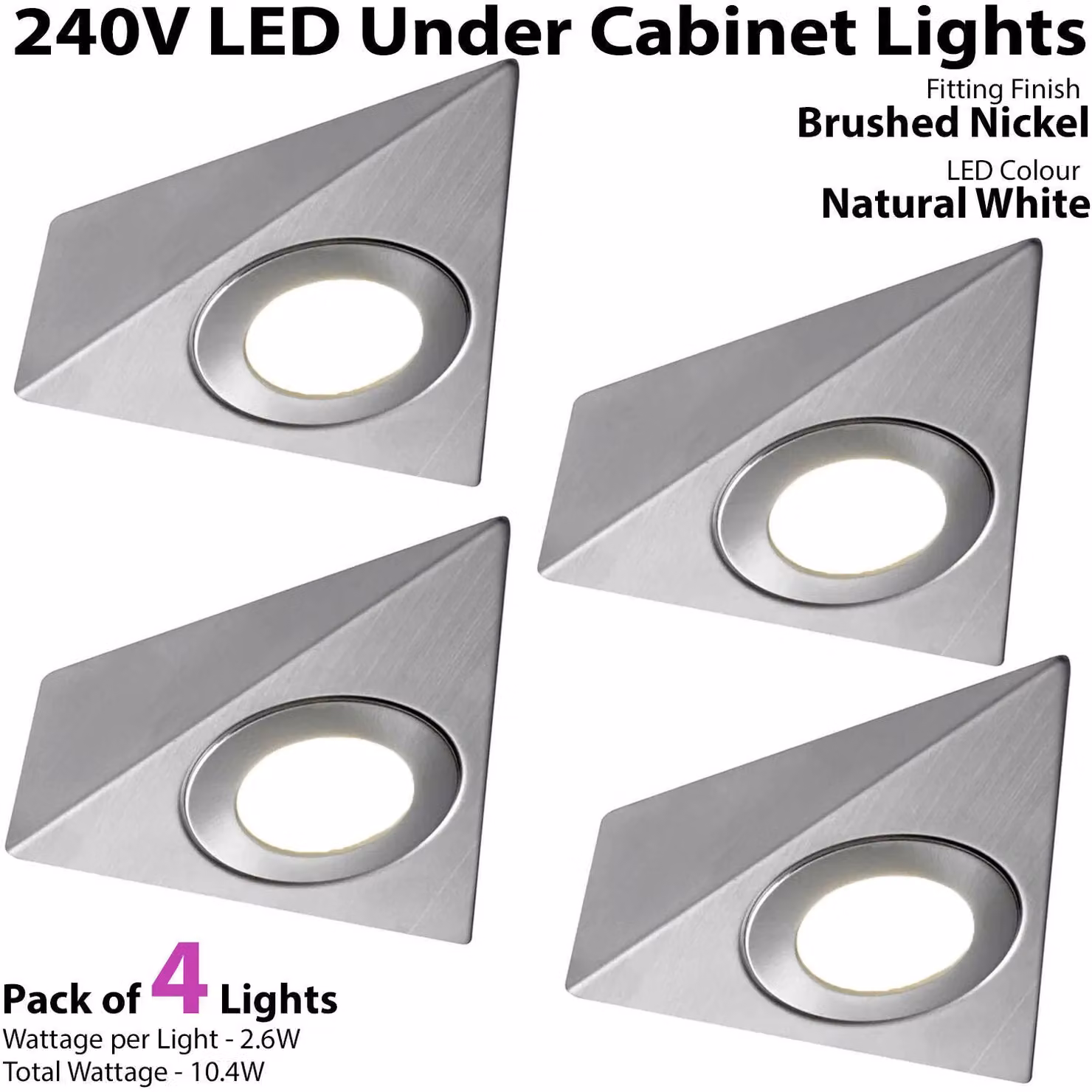 Loops 4x Brushed Nickel Triangle Surface Under Cabinet Kitchen LED Light Kit, Natural White, Silver – 2