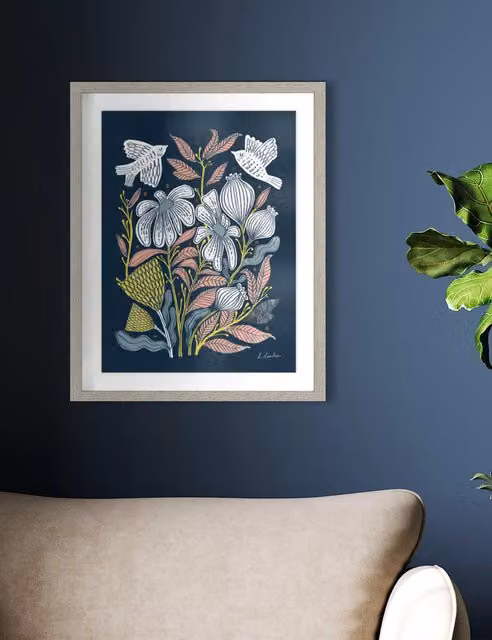Gallery Direct Chorus Modern Rectangular Framed Botanical Illustration Wall Art in Grey and Blue