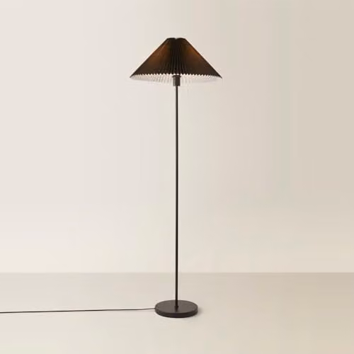 ValueLights Akira Slim Metal Floor Lamp with Pleated Fabric Shade and LED Bulb in Black and Burnt Orange