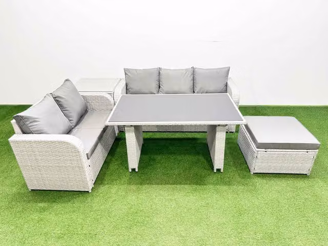 Fimous Garden Furniture Set with Rectangular Dining Table, Stools and Side Table in Light Grey