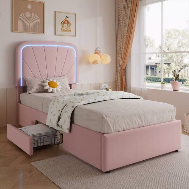 Matteo Single Upholstered Bed with Storage Drawers in Pink Velvet, W/D/H: 90 x 190 cm