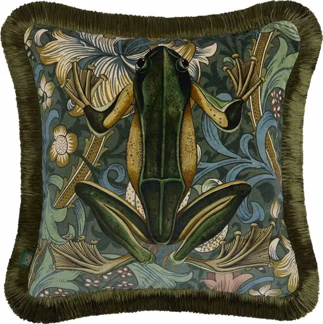 House of Hackney Golden Lily Amphibia Fringed Velvet Cushion in Green, W/D/H: 45 x 45 x 45 cm