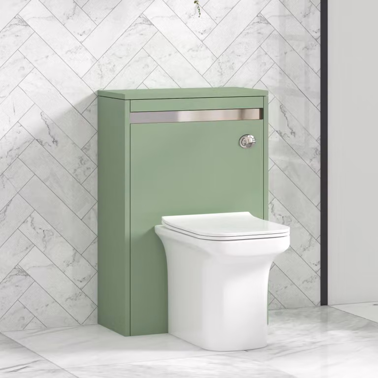Royal Bathrooms Orion 540mm Mint Sage Green Wall Mounted WC Unit with Crosby Rimless Ceramic Toilet Pan, Soft Close Seat and Cistern with Chrome Accent Trim