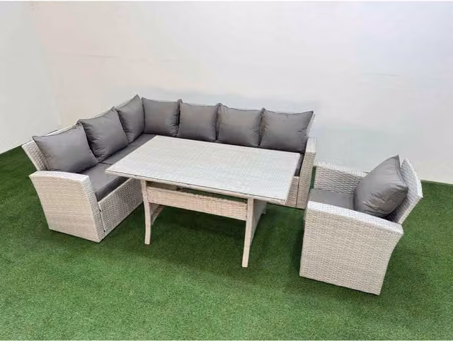 Fimous 7-Seater Rattan Garden Furniture Set with Tempered Glass Table in Light Grey Mixed