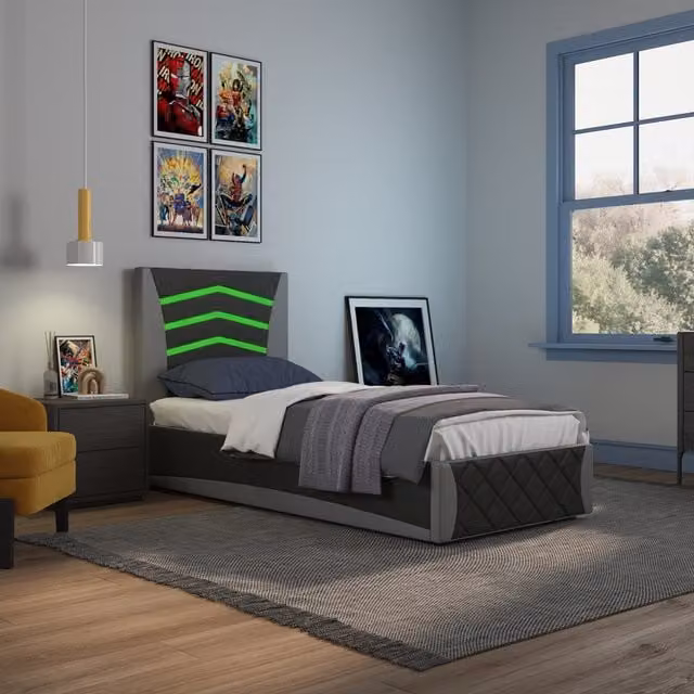 SlumberWorx Galaxy Ottoman Storage Single Bed Frame with LED Headboard in Black and Grey