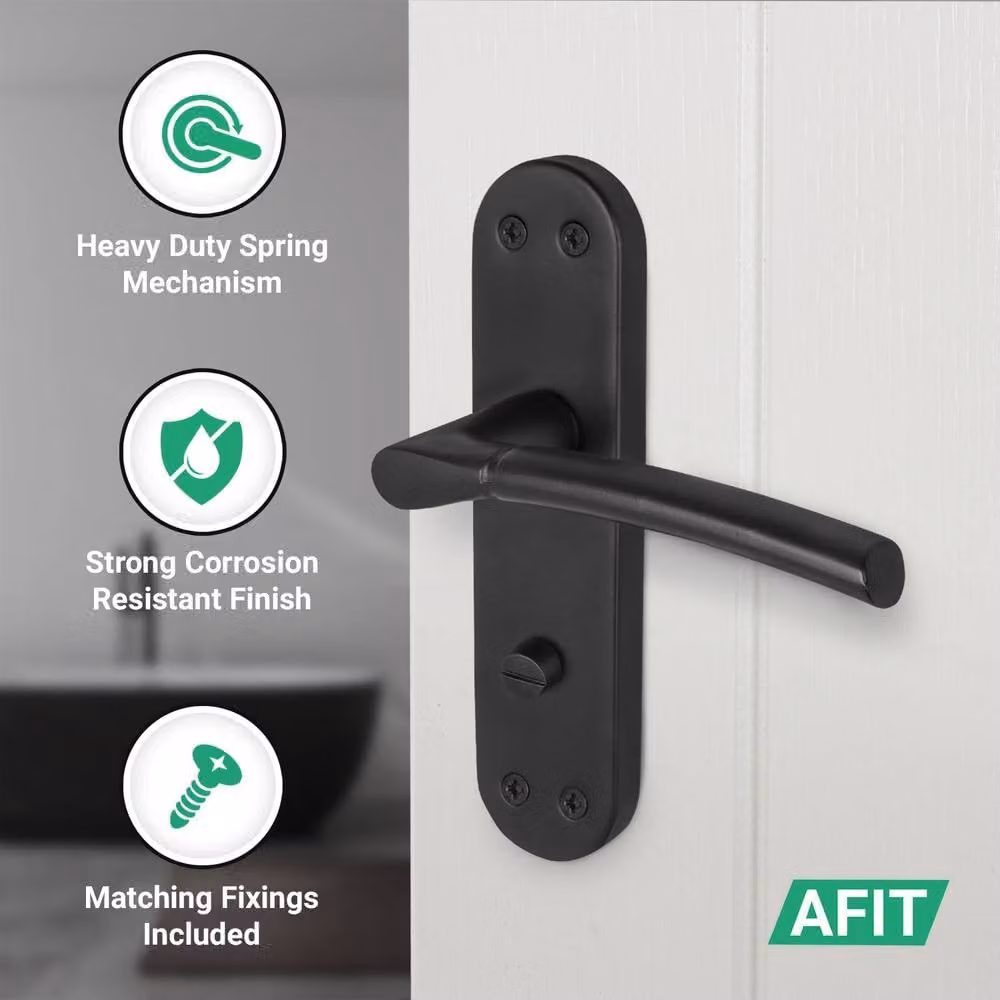AFIT Matt Black Bathroom Door Handle Set with Backplate, Lock and Hinges, Size: 150 x 150 mm – 3